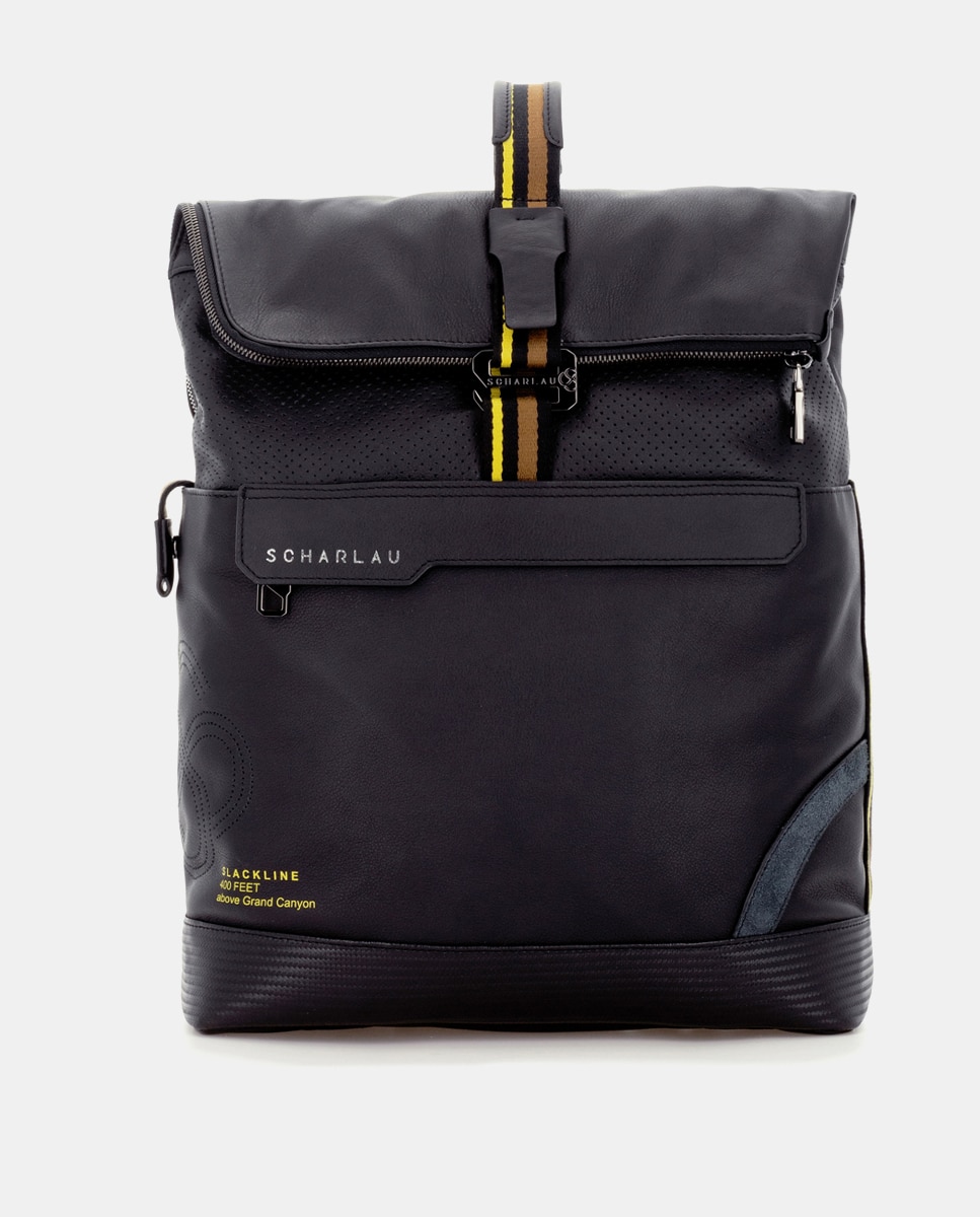 Mochila de hombre con solapa de piel - Scharlau - Negro Negro-1