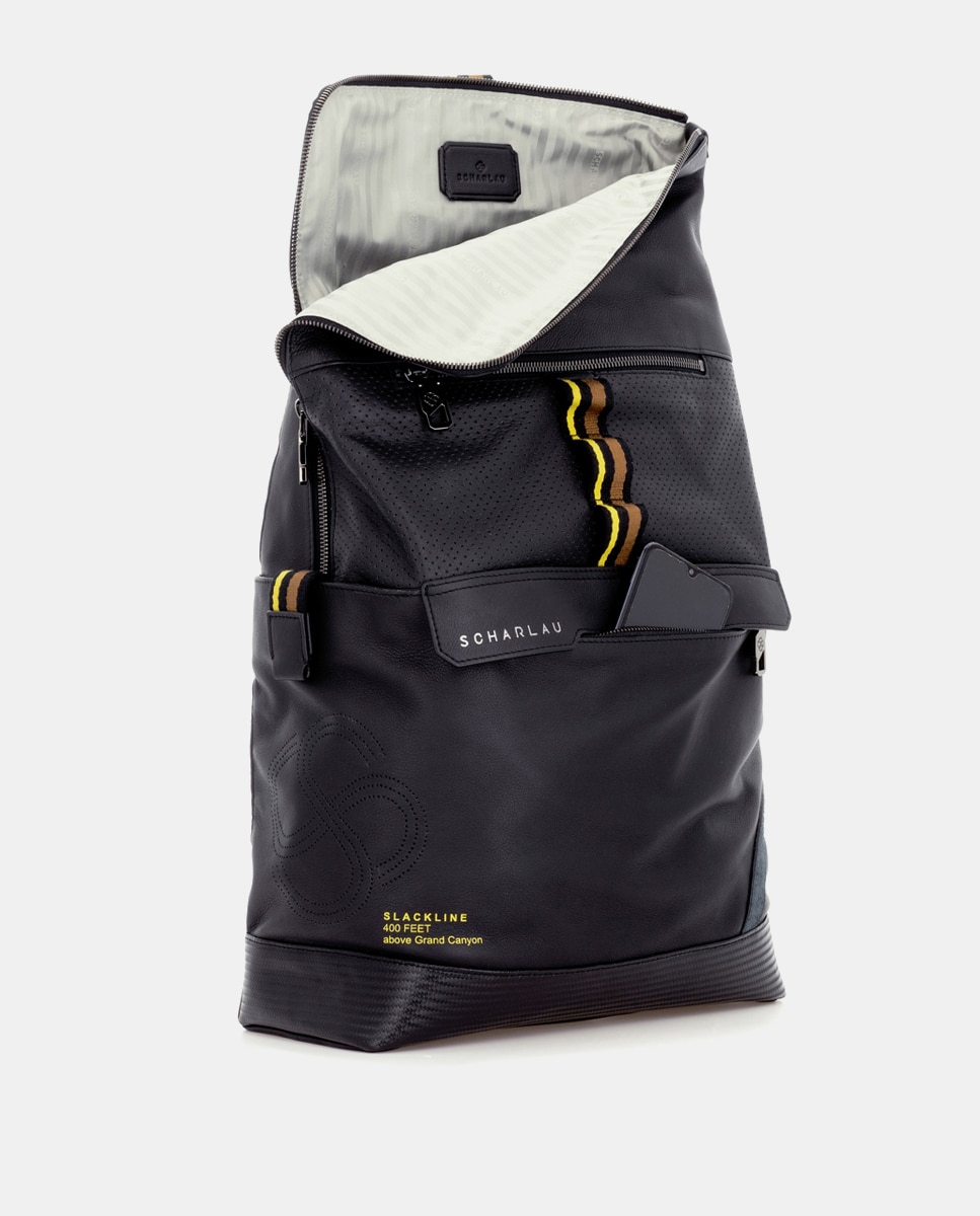 Mochila de hombre con solapa de piel - Scharlau - Negro Negro-3