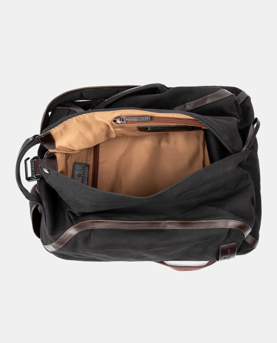 Mochila de hombre de algodón y detalles en piel - Scharlau - Negro Negro-5