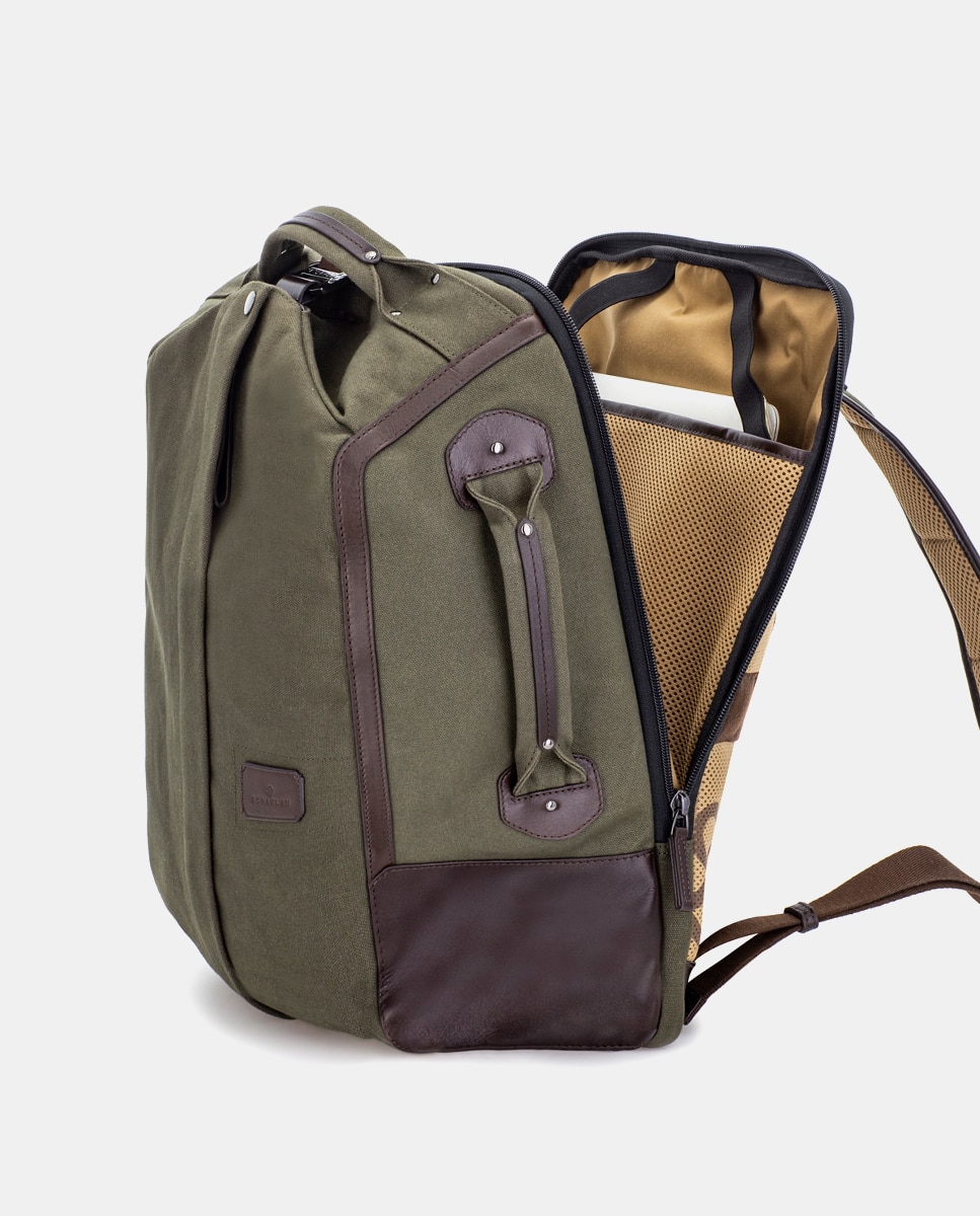 Mochila de hombre de algodón y detalles en piel - Scharlau - Verde Verde-3