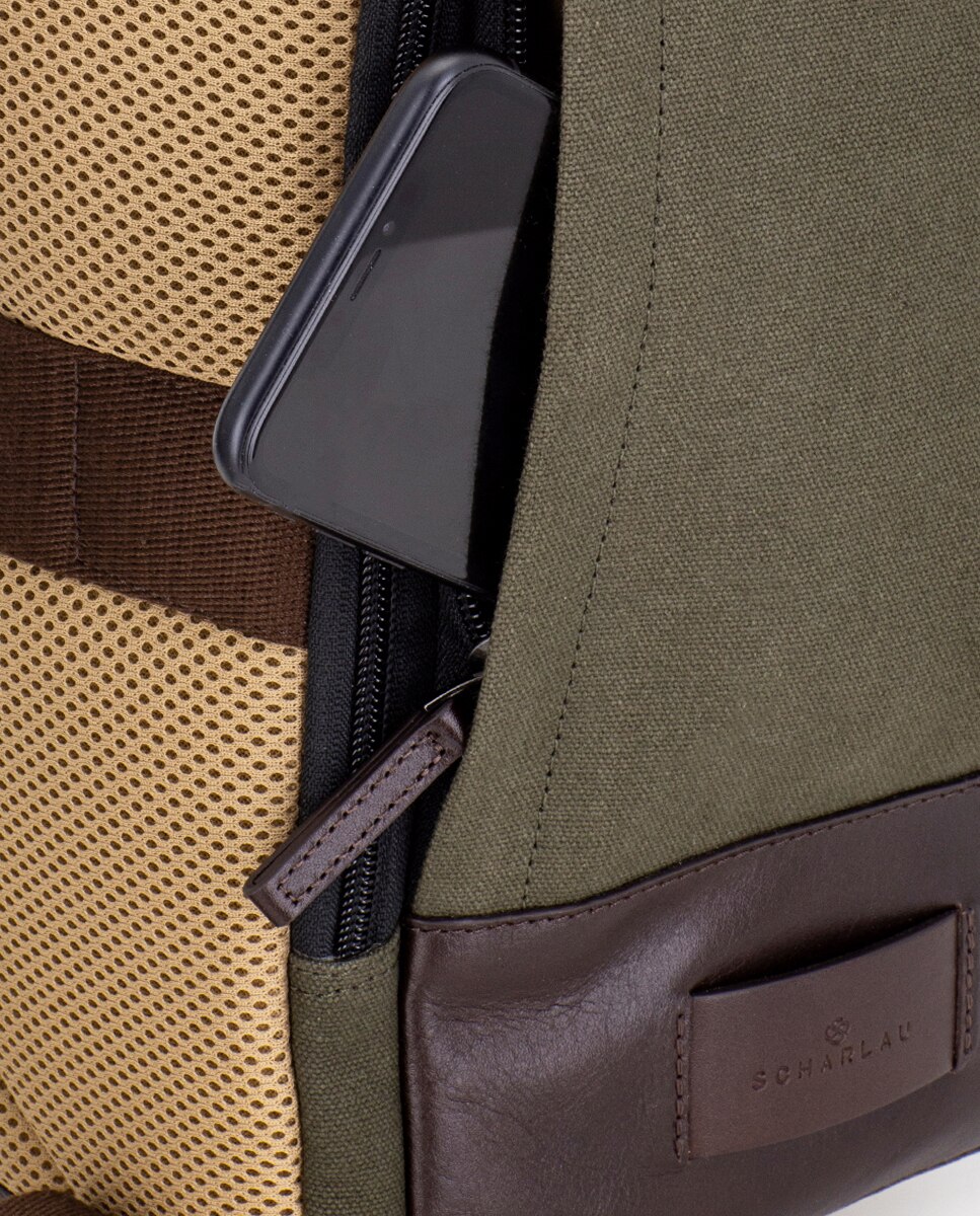 Mochila de hombre de algodón y detalles en piel - Scharlau - Verde Verde-2