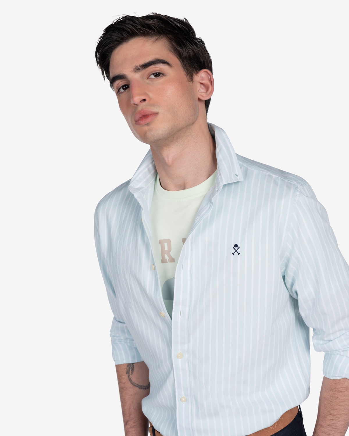 Camisa de hombre slim de rayas - Azul Turquesa Azul Turquesa-3