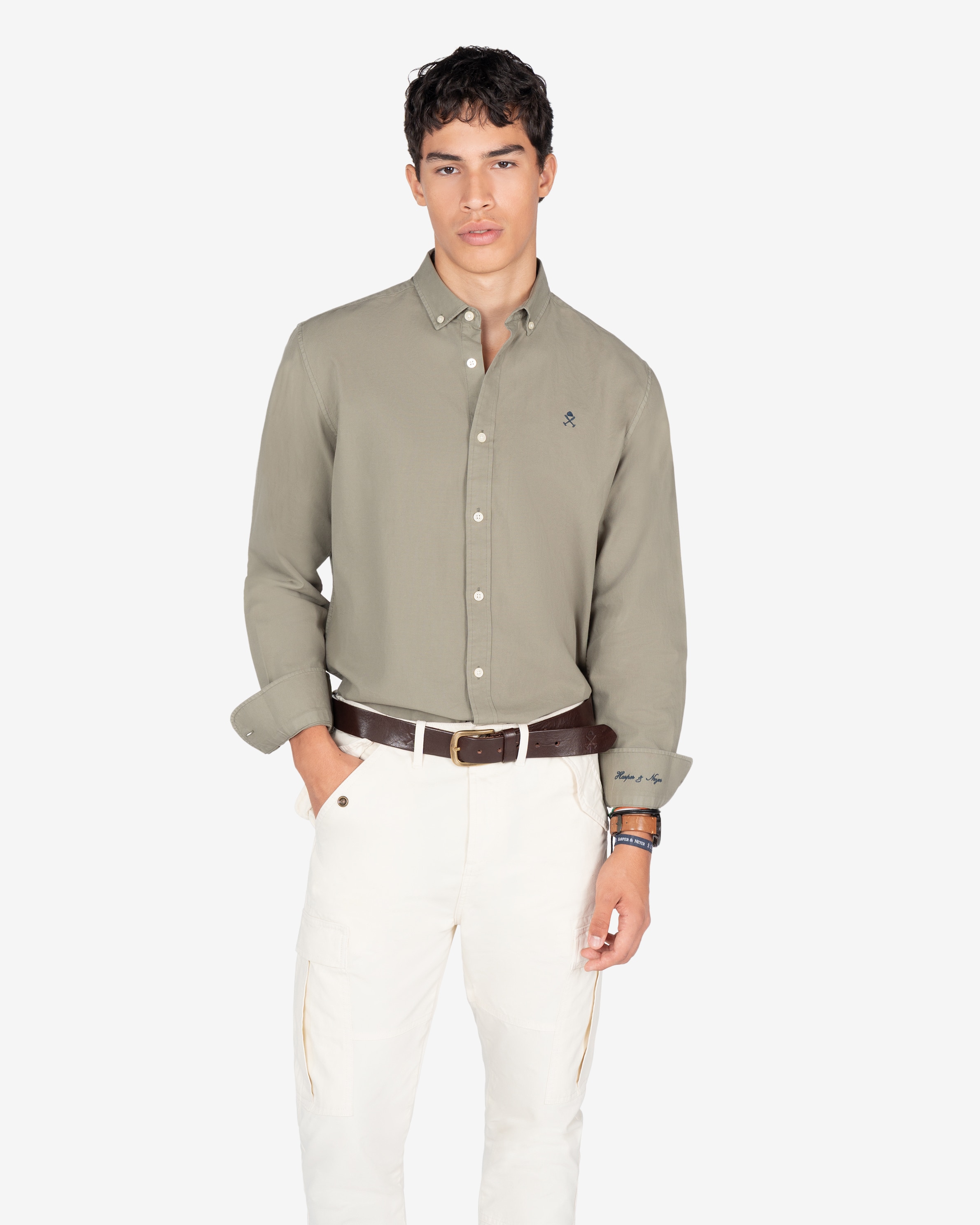 Camisa de hombre manga larga lisa algodón - Harper & Neyer - Verde Verde-1