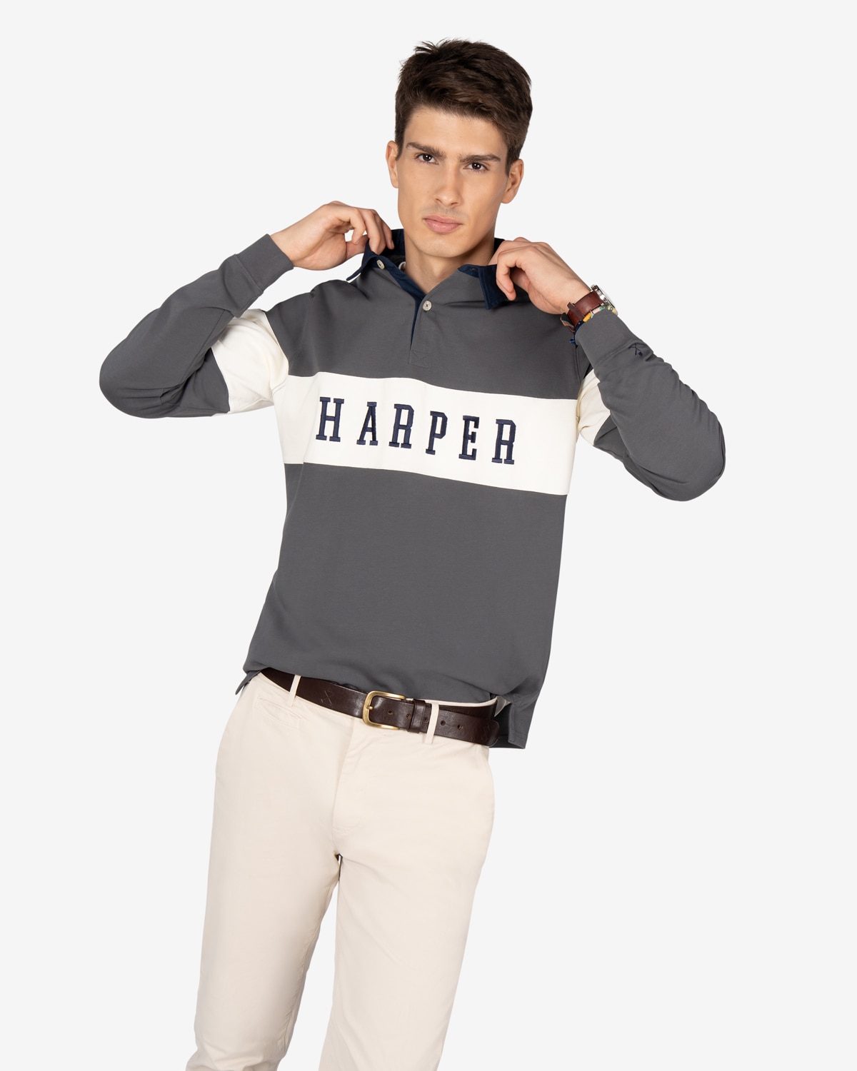 Imagen 3 de Polo de hombre de manga larga con dibujo frontal - Harper & Neyer - Gris Gris