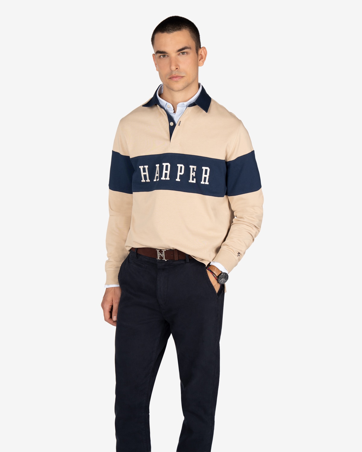Imagen 1 de Polo de hombre de manga larga con dibujo frontal - Harper & Neyer - Beige Beige