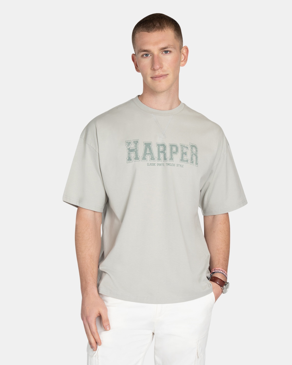 Imagen 0 de Camiseta de manga corta de hombre con dibujo frontal Gris claro