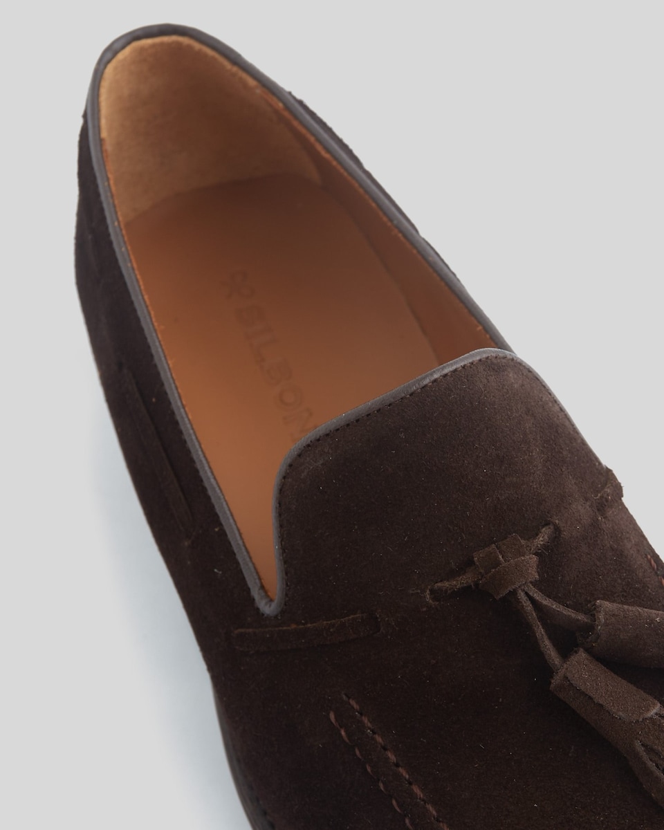 Mocasines de hombre de piel ante clásico borlas marrón oscuro