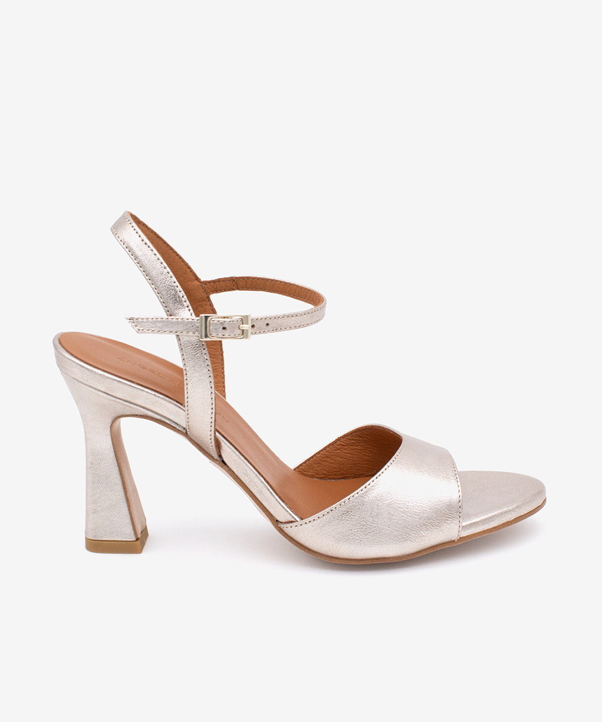 Sandalias de tacón de mujer ankle strap y tacón fino de piel metalizada, dorat - Ángel Alarcón - Platino Platino-1