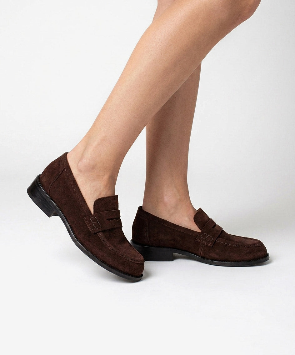 Mocasines planos de mujer de puntera redonda con tacon bajo de serraje, louisa - Ángel Alarcón - Marrón oscuro Marrón oscuro-3