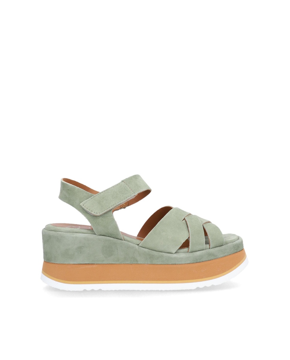 Alpe - Sandalias de cuña de mujer de piel ante en color verde.