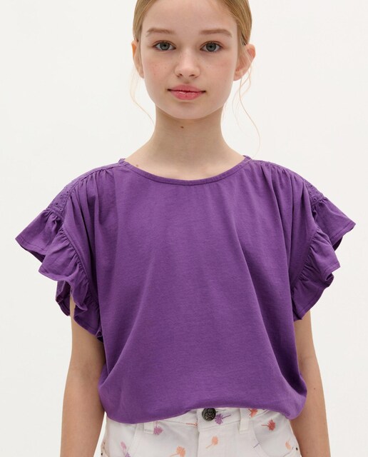 Imagen 0 de Camiseta de niña de algodón con detalle de volantes