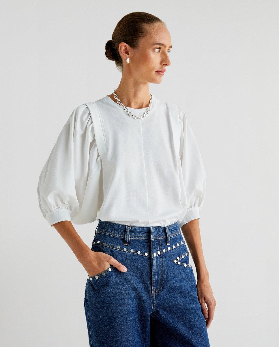 Borneobulletin Camisa Blanca Manga Abullonada Crop Top Blusa