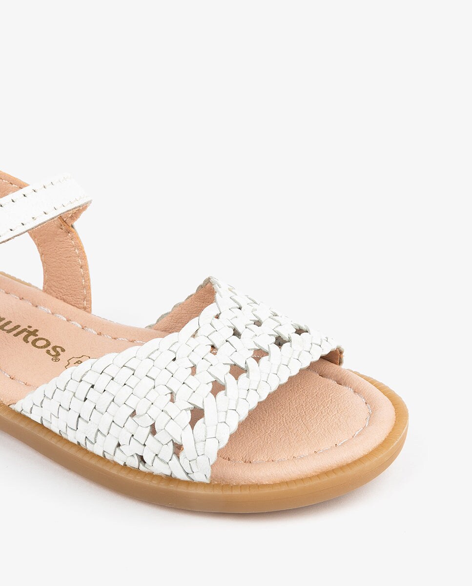 Sandalias De Piel Blanca Para Niña Con Detalles De Piedras Azules - Cierre Ajustable En Tobillo, Suela Flexible Y Plantilla Acolchada