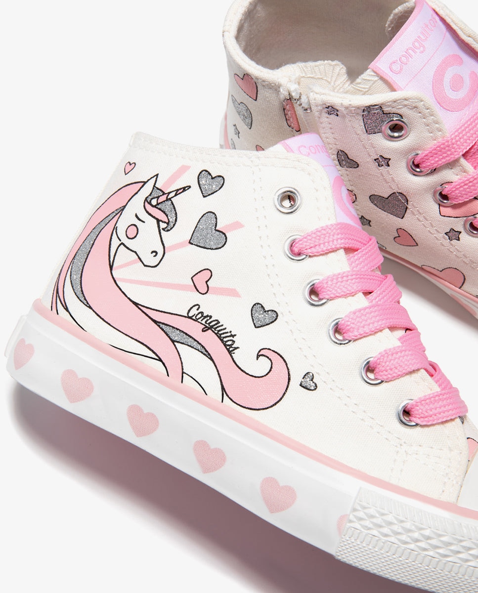 Zapatillas altas de niños de lona con estampado de unicornio - Conguitos - Blanco / Rosa Blanco / Rosa-3