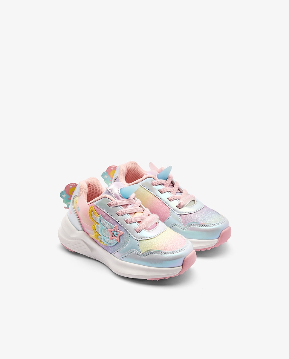 Zapatillas de luces de niña con estampado de unicornio con purpurina