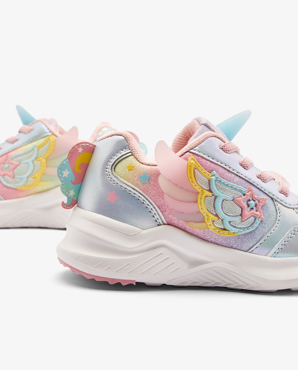 Zapatillas de luces de niña con estampado de unicornio con purpurina