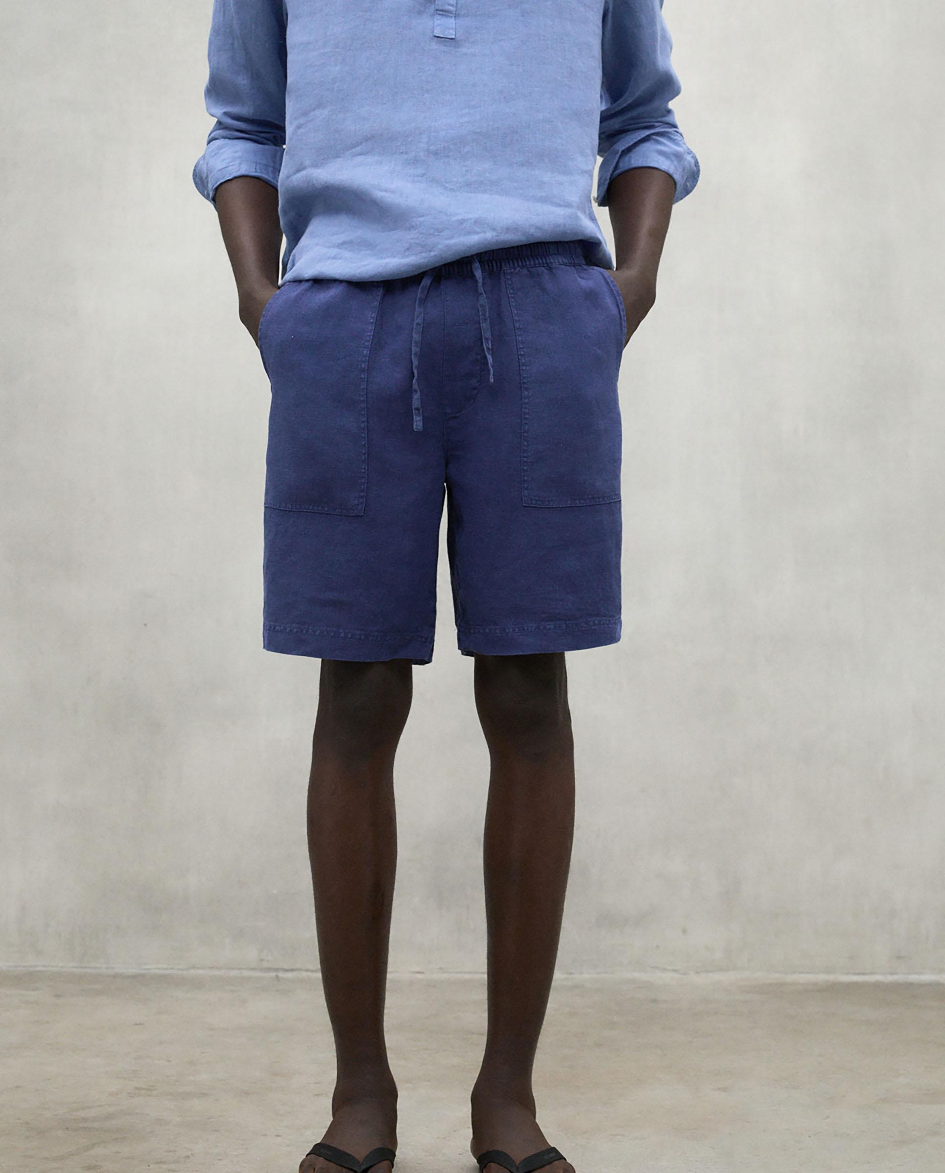 Pantalones cortos de lino de hombre con cintura de goma y ajuste de cordón - Ecoalf - Azul marino Azul marino-3