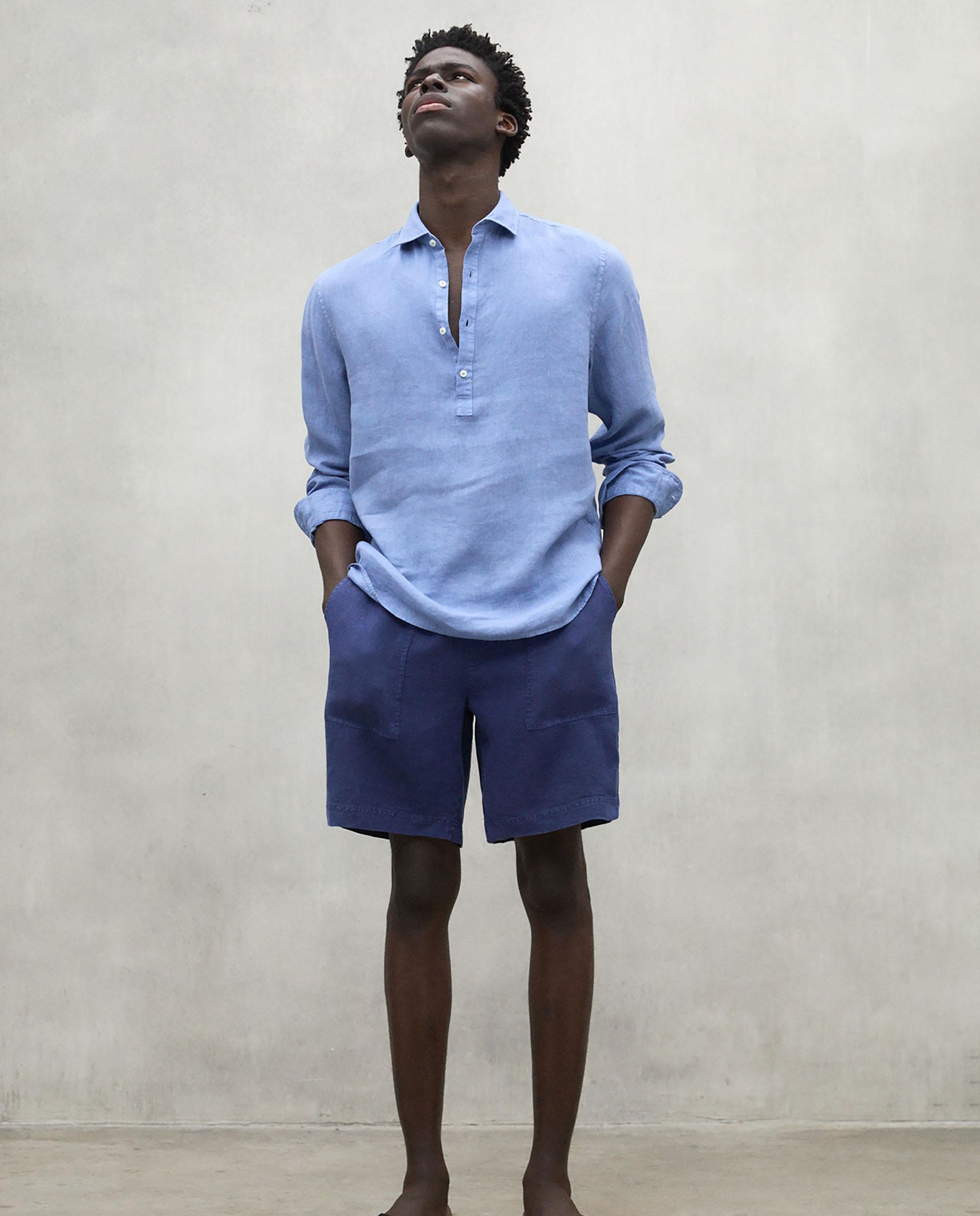 Pantalones cortos de lino de hombre con cintura de goma y ajuste de cordón - Ecoalf - Azul marino Azul marino-5