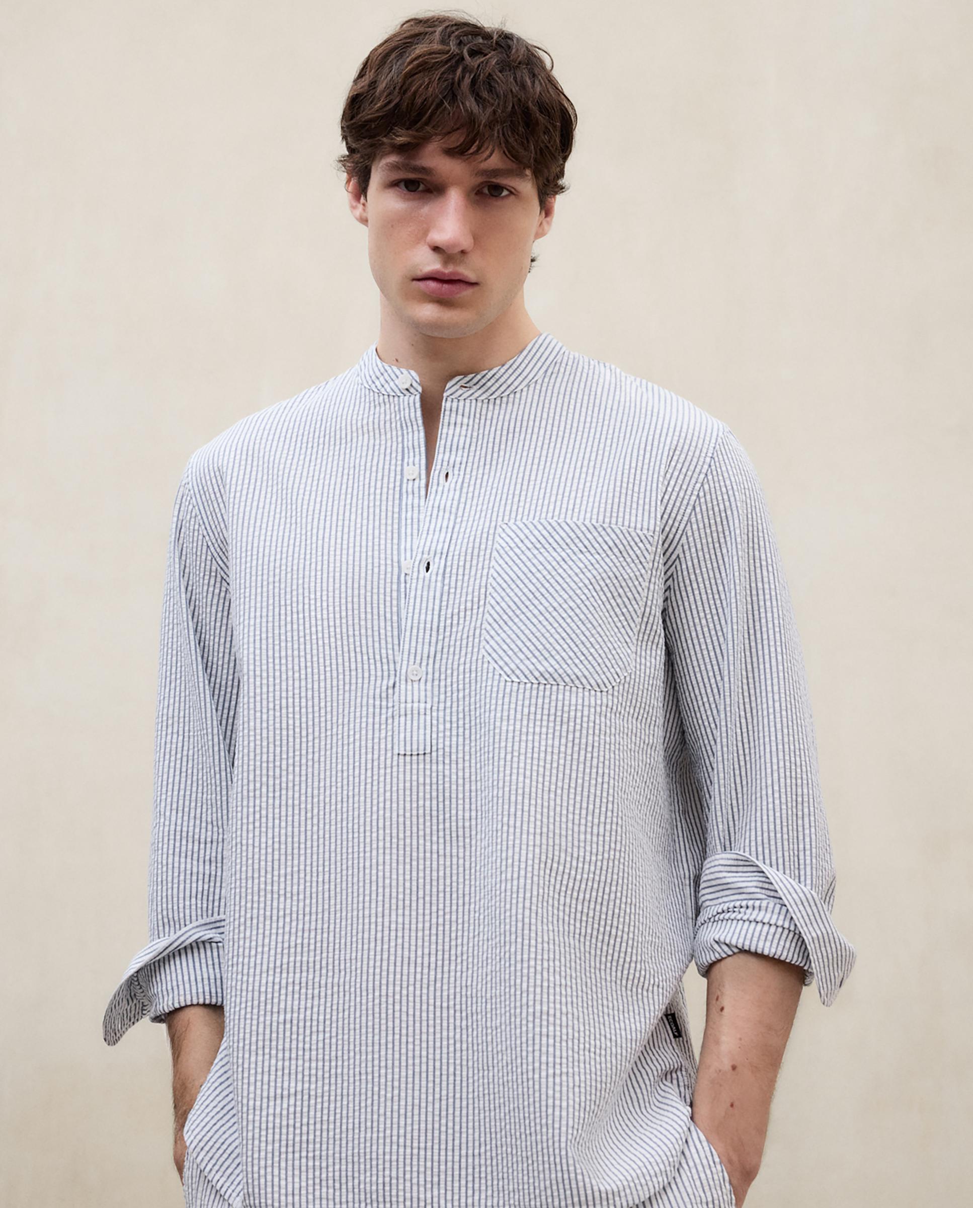 Camisa cuello Mao de hombre de algodón en rayas - Ecoalf - Azul celeste Azul celeste-3