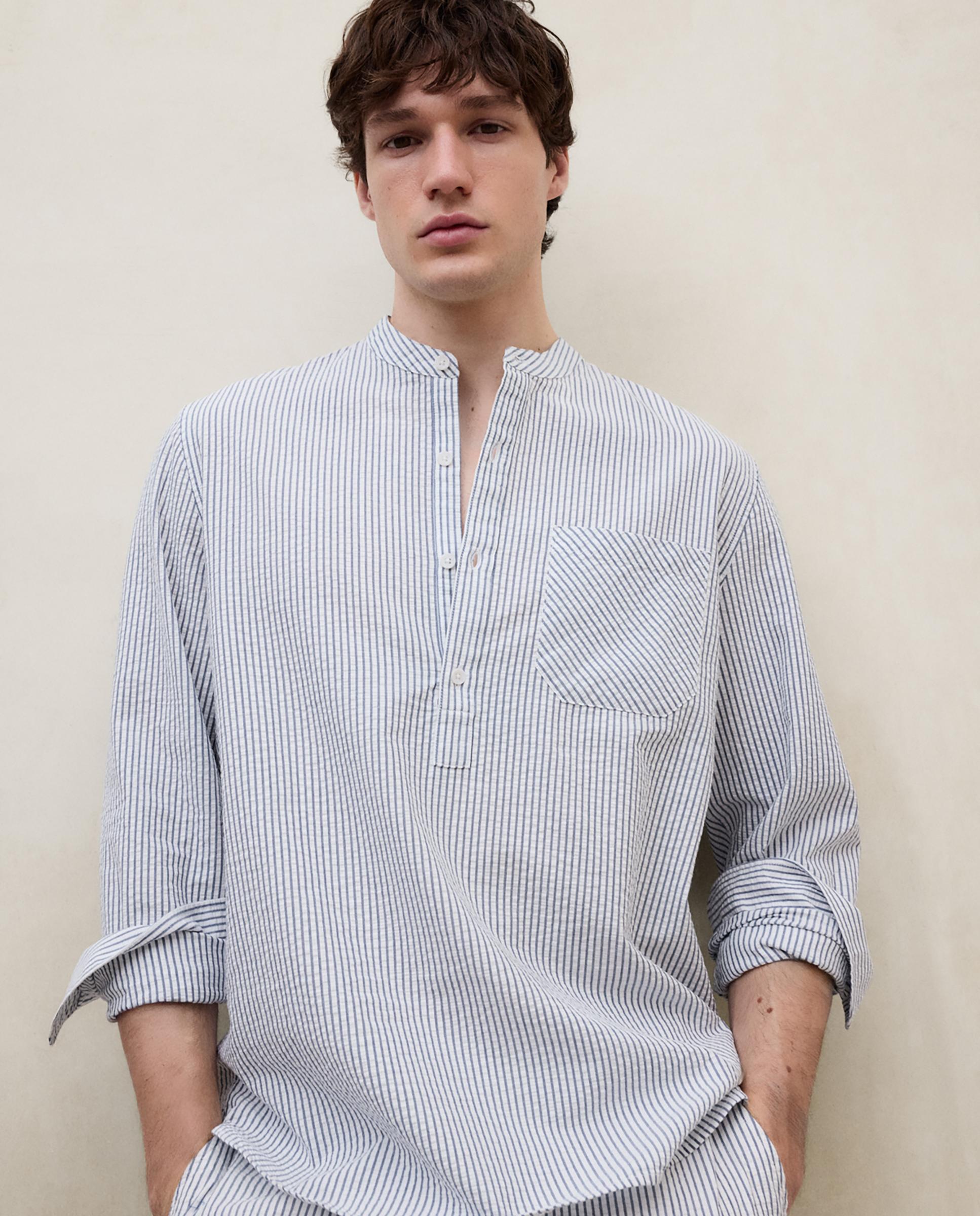 Camisa cuello Mao de hombre de algodón en rayas - Ecoalf - Azul celeste Azul celeste-4