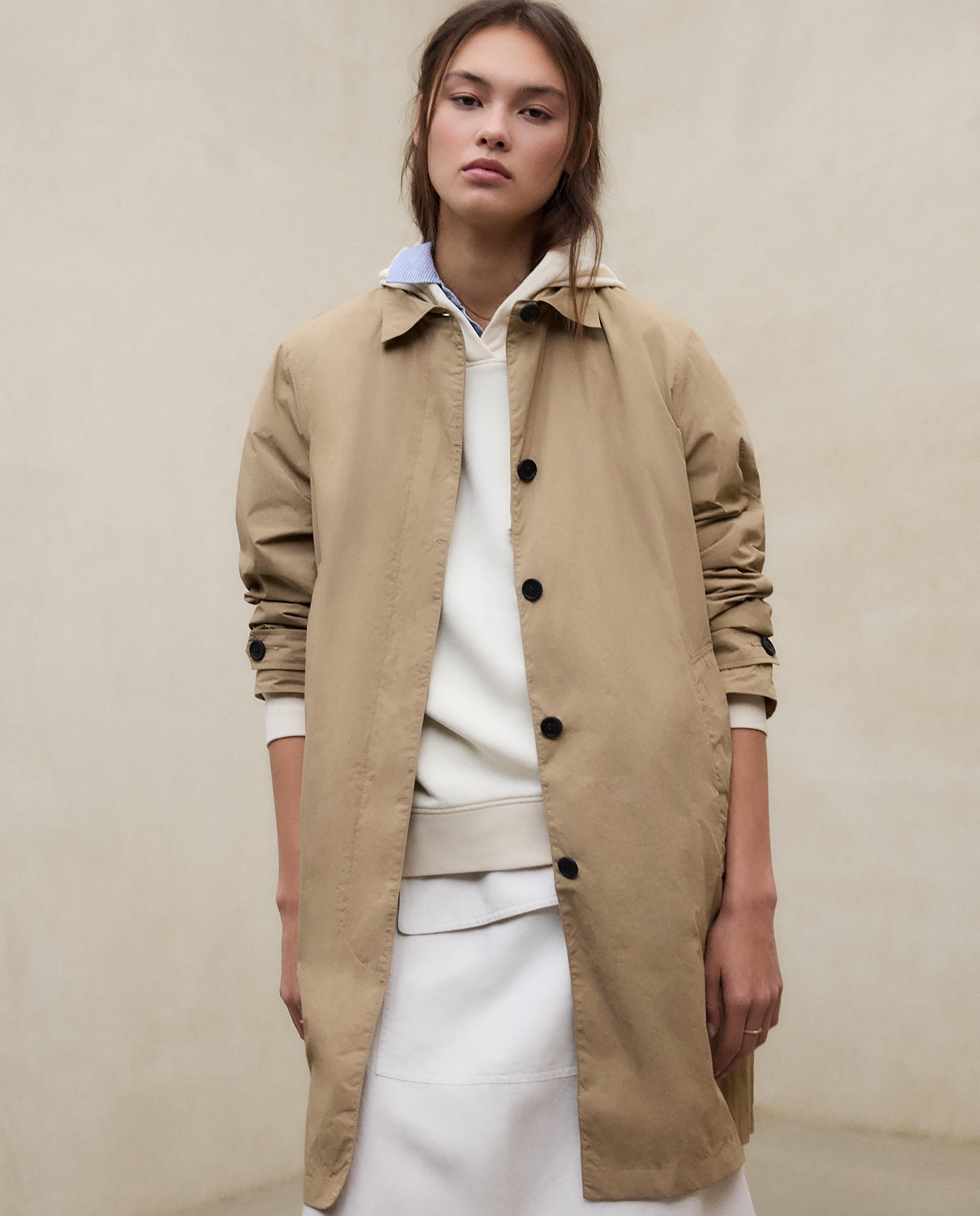 Abrigo de mujer largo con bolsillos laterales - Ecoalf - Azul marino Beige-5