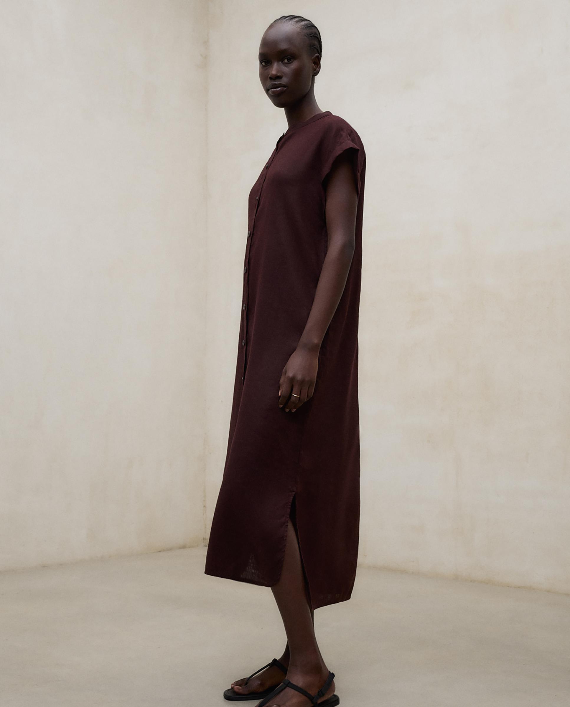 Vestido largo de mujer de lino relaxed fit - Ecoalf - Marrón oscuro Marrón oscuro-3