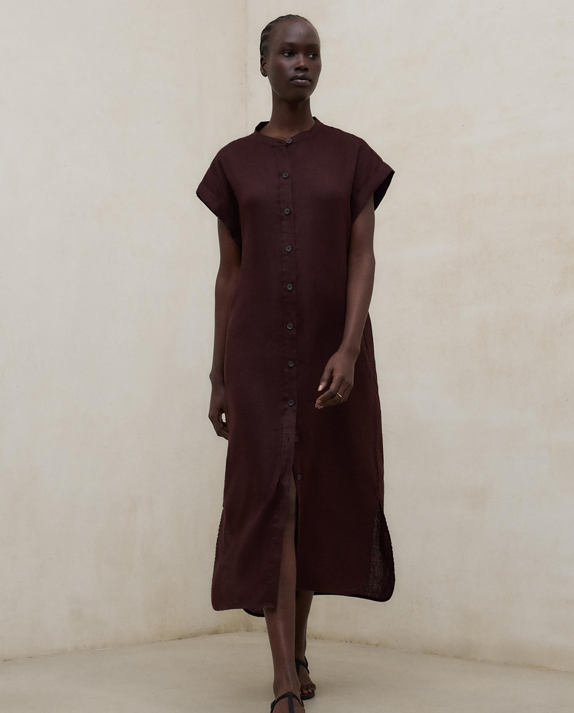 Vestido largo de mujer de lino relaxed fit - Ecoalf - Marrón oscuro Marrón oscuro-4