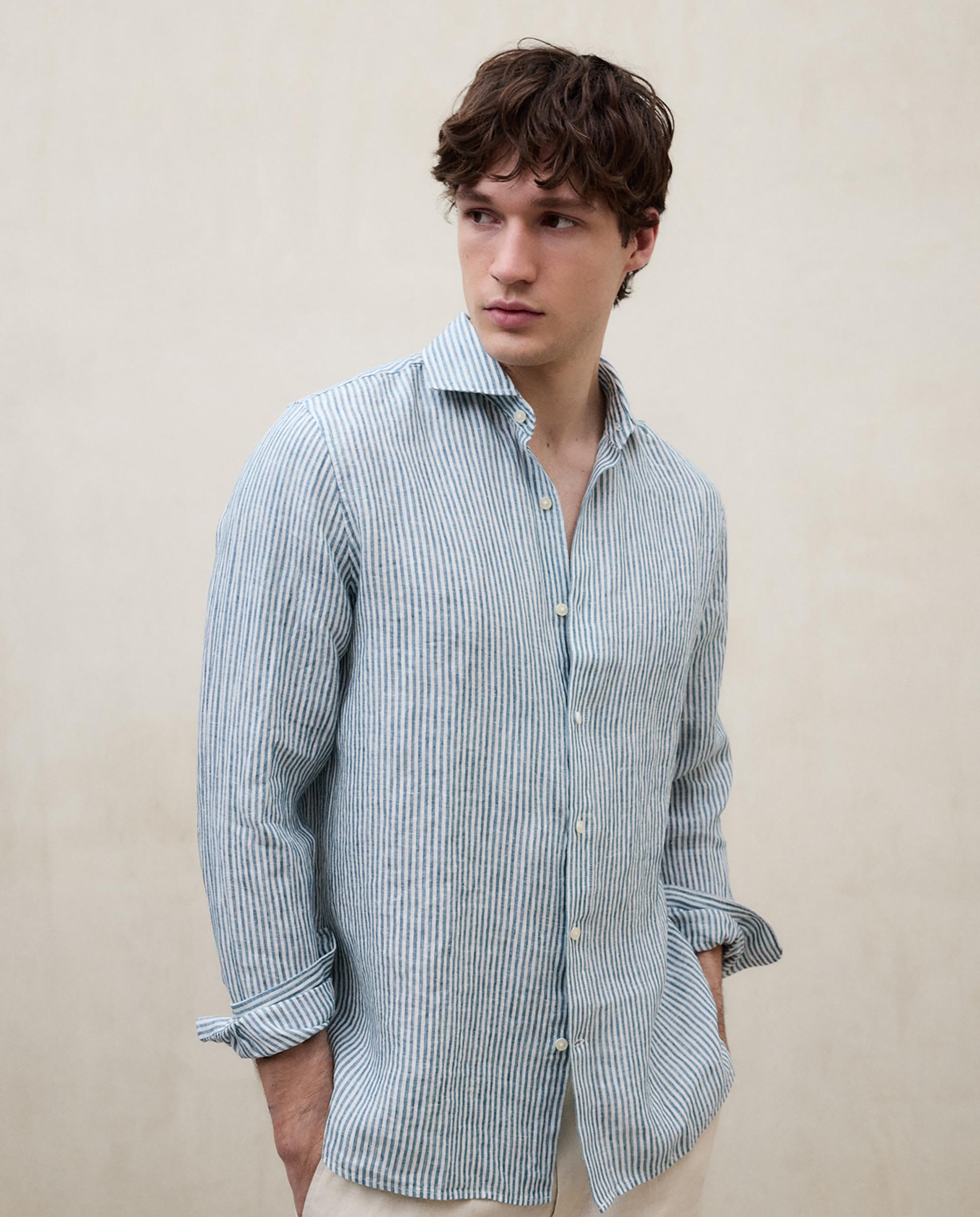 Camisa de lino de hombre regular fit de rayas - Ecoalf - Verde oscuro Verde oscuro-4