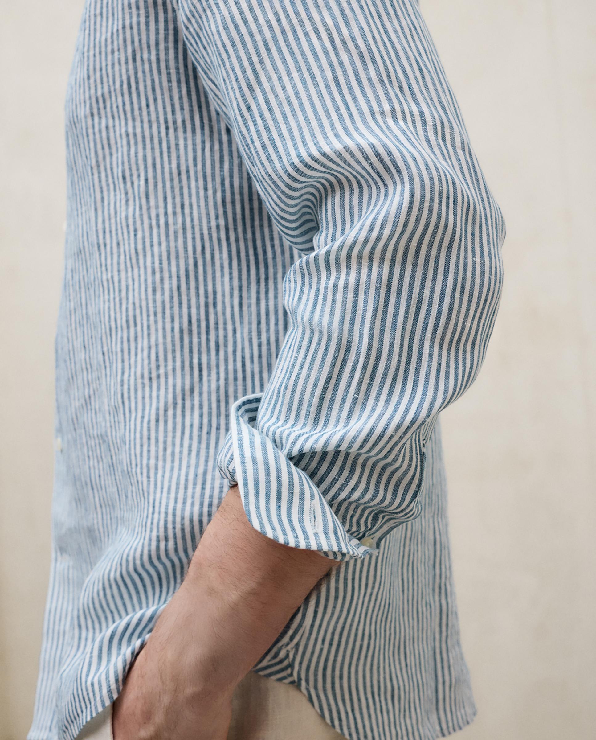 Camisa de lino de hombre regular fit de rayas - Ecoalf - Verde oscuro Verde oscuro-5