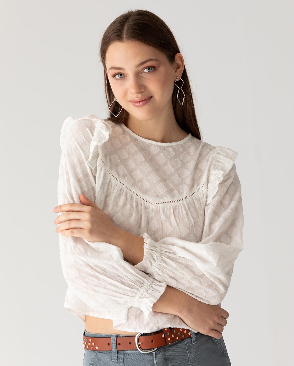 Blusa de mujer con estampado de rombos y volantes · Noon · El