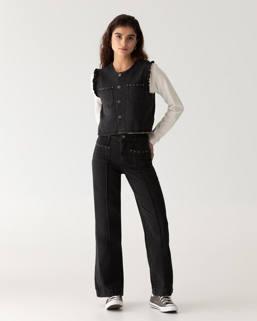Imagen 0 de Jeans de mujer de talle alto y corte recto con detalle de estrellas