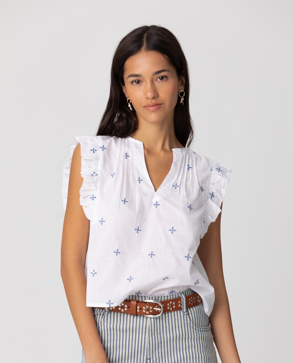 Blusa De Mujer Sin Mangas Con Volantes Y Bordado Noon 2025