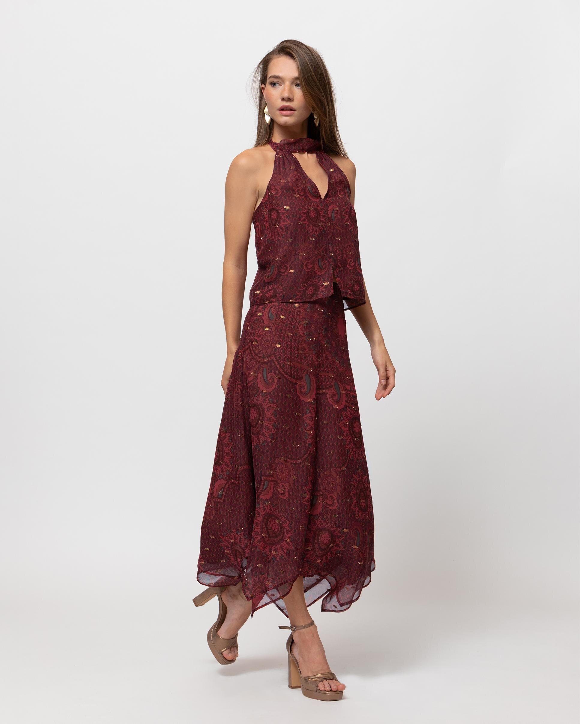 Falda midi con estampado paisley - Noon - Rojo Rojo-3