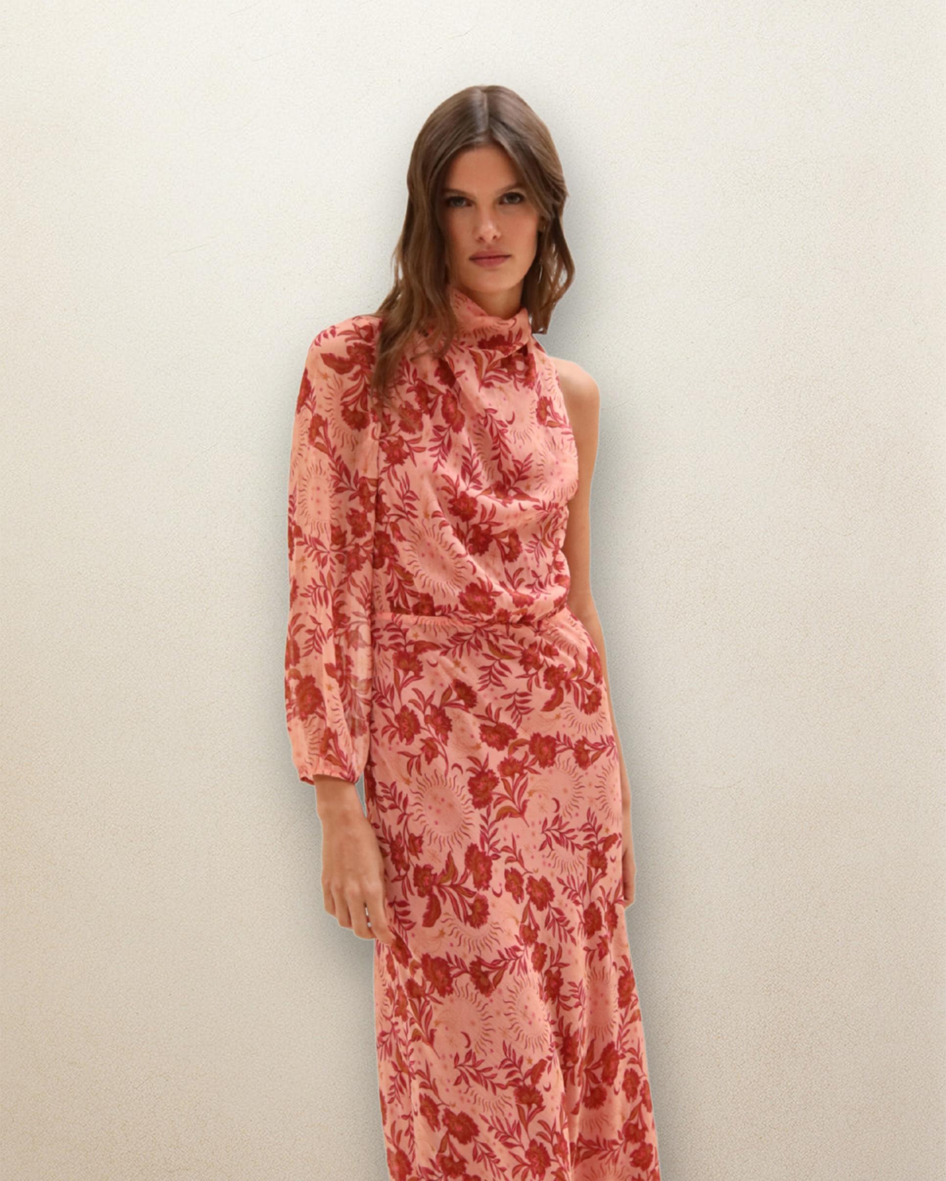 Vestido midi estampado con manga asimétrica y cuello redondo
