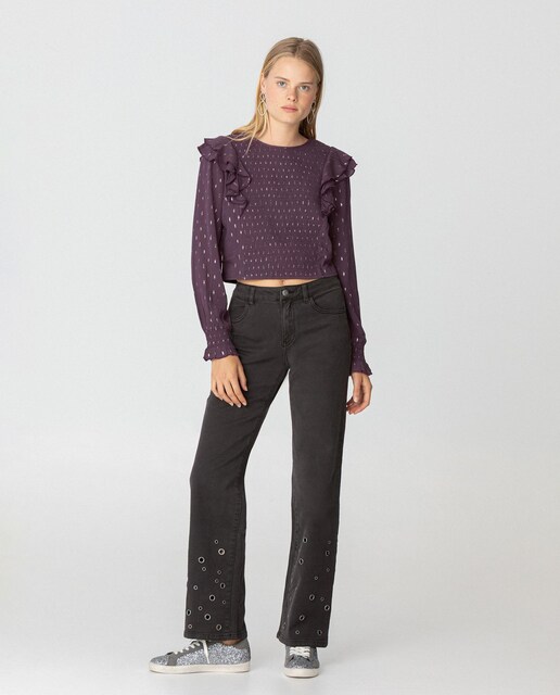 Imagen 0 de Vaqueros de mujer de talle alto con ojales y bordado trasero