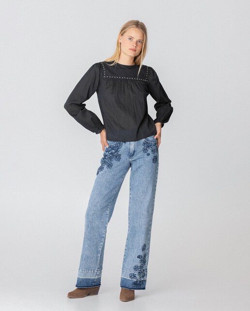 Imagen 0 de Vaqueros de mujer de talle alto con bordado de flores