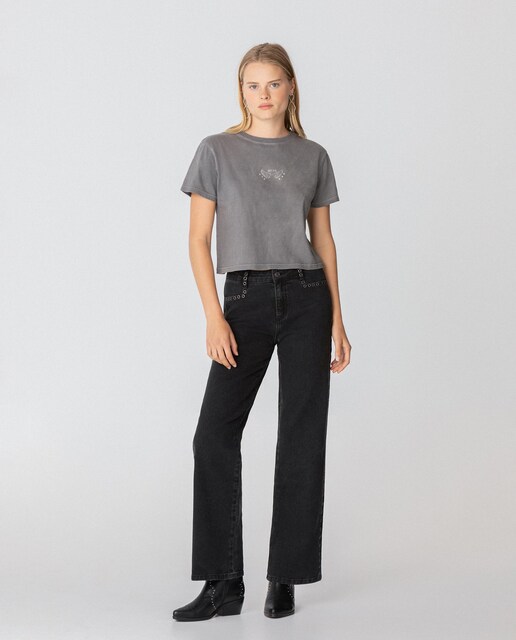 Imagen 0 de Vaqueros de mujer de talle alto con detalle de ojales