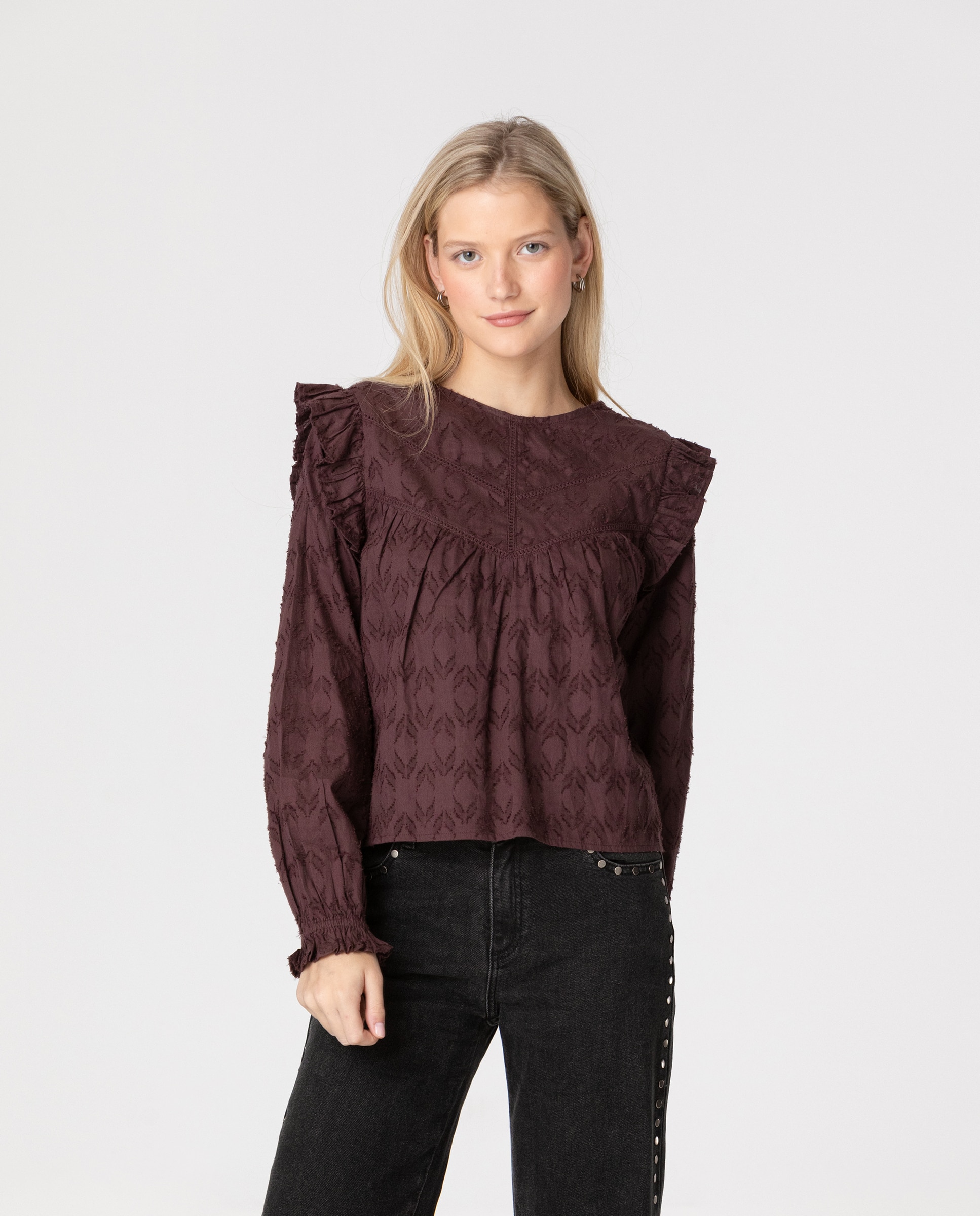 Blusa con volantes de mujer - Noon - Burdeos Burdeos-1