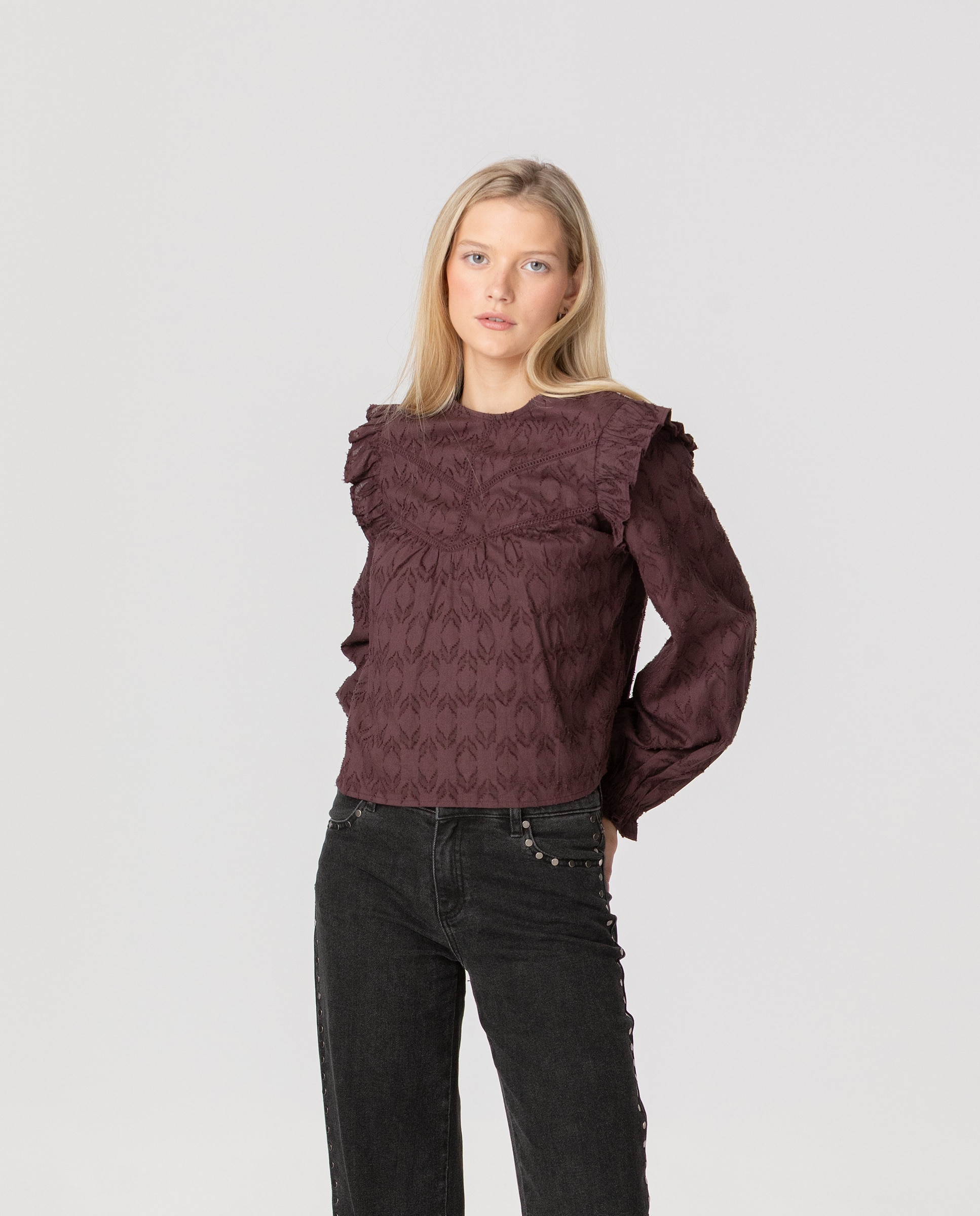 Blusa con volantes de mujer - Noon - Burdeos Burdeos-3