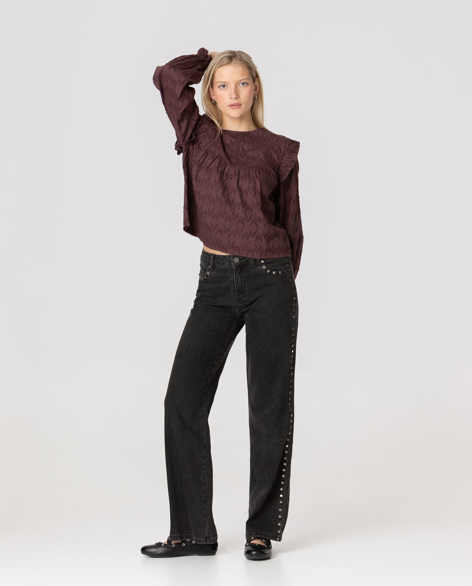 Blusa con volantes de mujer - Noon - Burdeos Burdeos-4