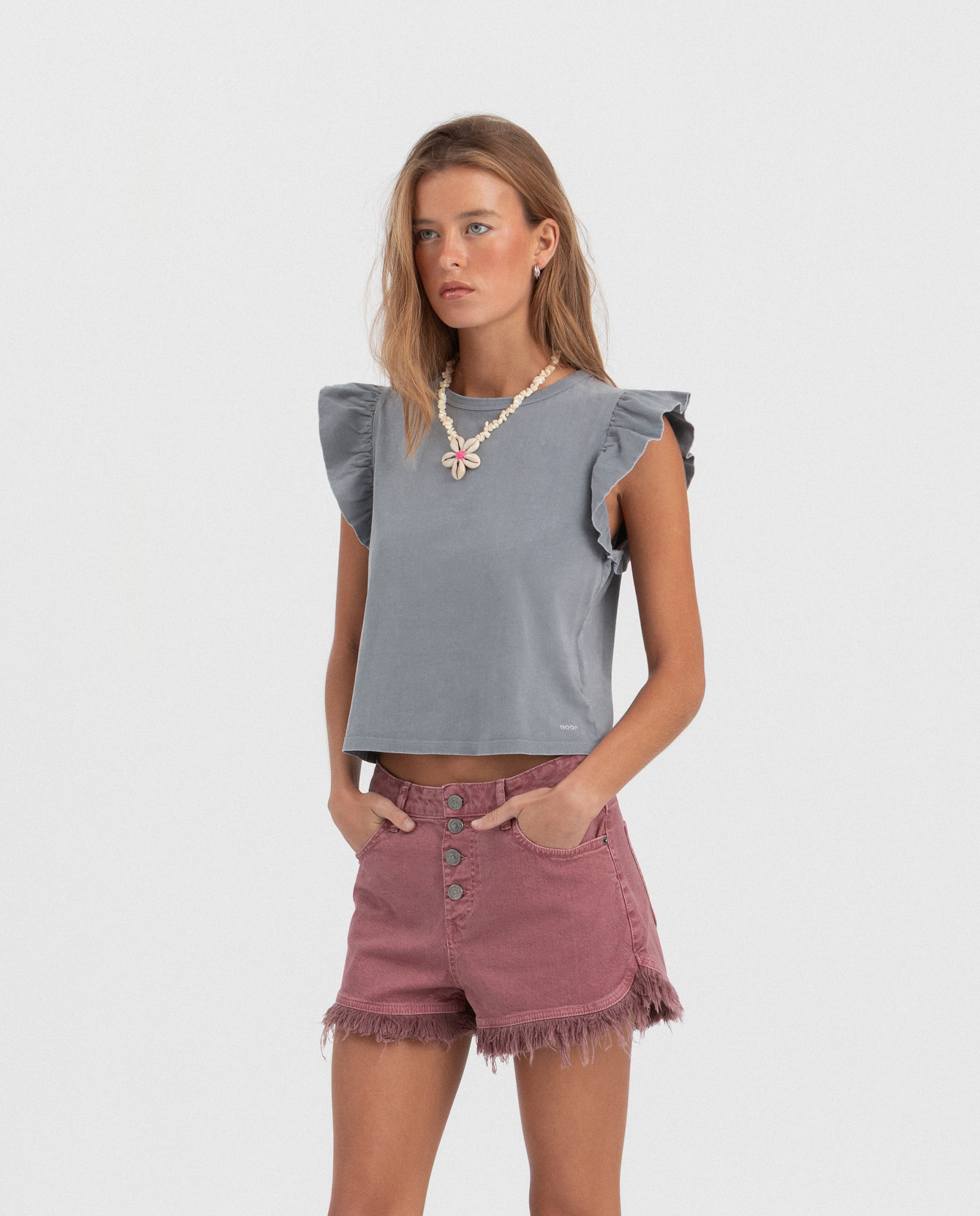 Noon - Camiseta de mujer volantes.