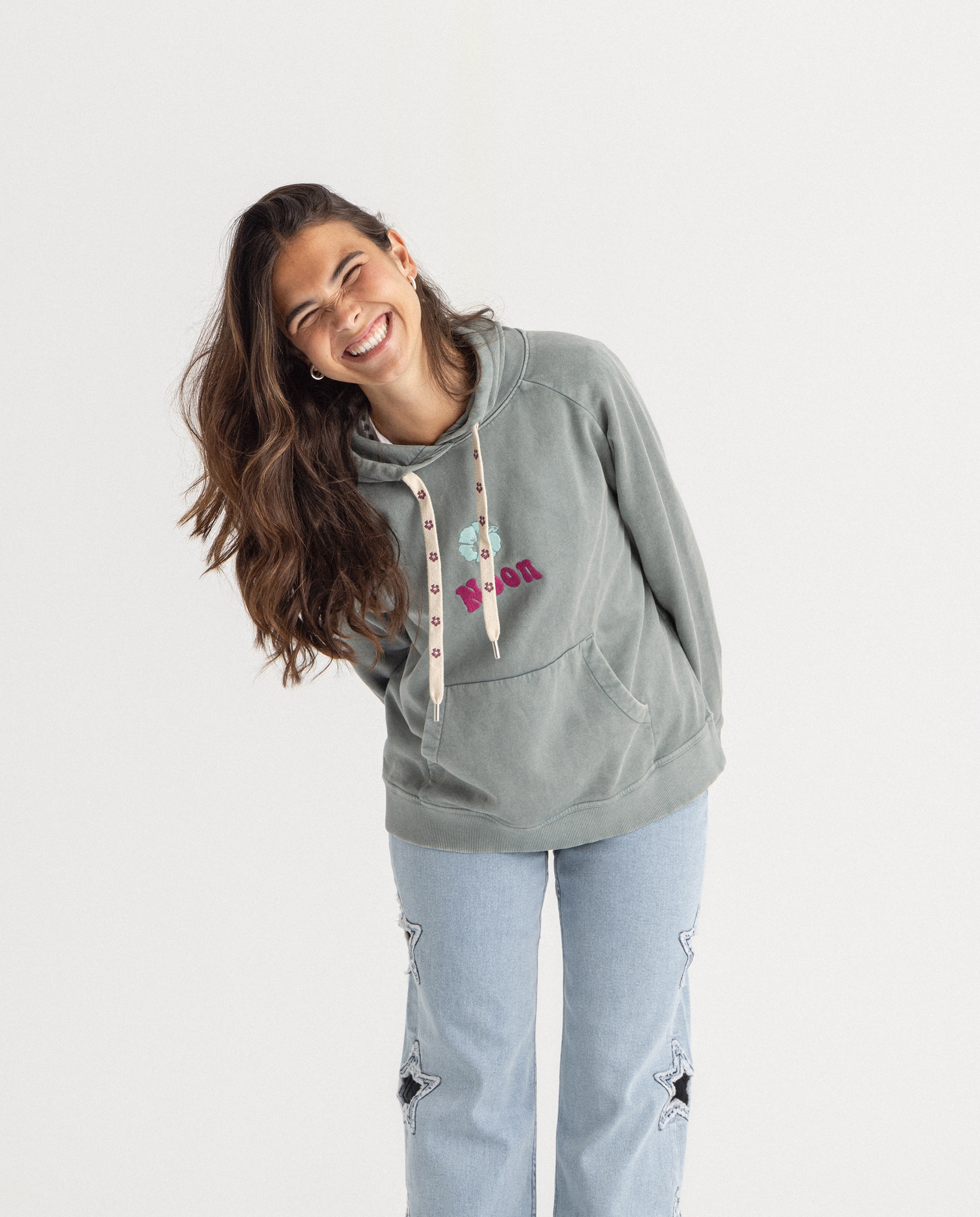 Noon - Sudadera cerrada con capucha, efecto lavado y bordado frontal.