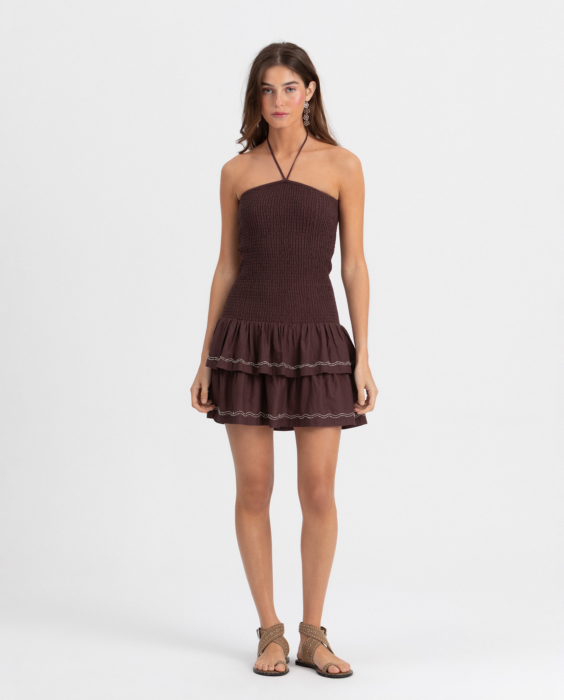 Noon - Vestido mini lazada al cuello y abalorios.