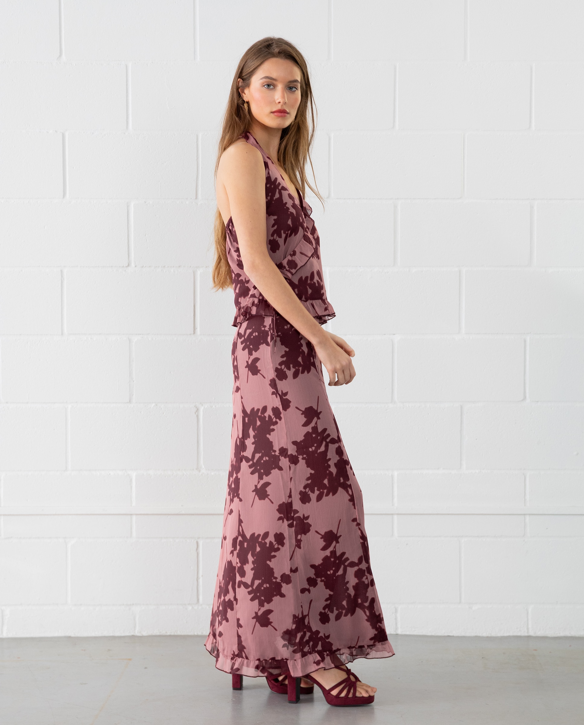 Falda midi estampada con volantes - Noon - Burdeos Burdeos-2
