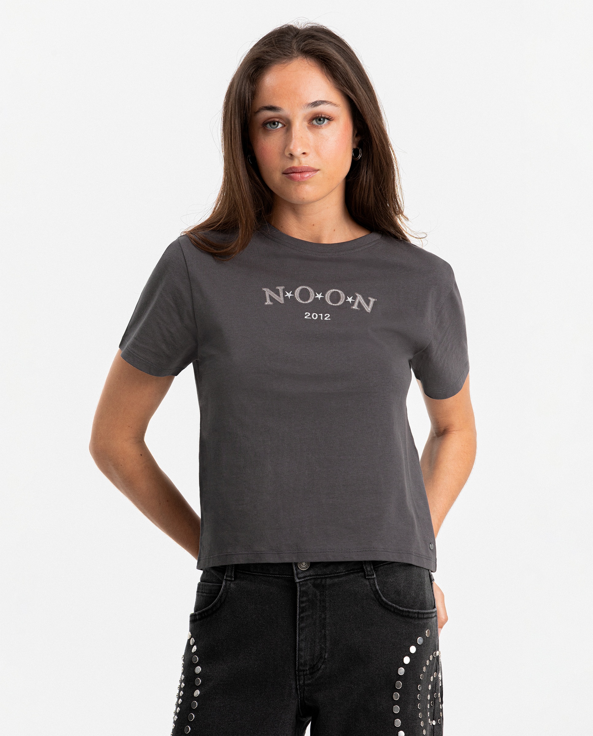 Camiseta manga corta de mujer y estrellas - Noon - Gris oscuro Gris oscuro-1
