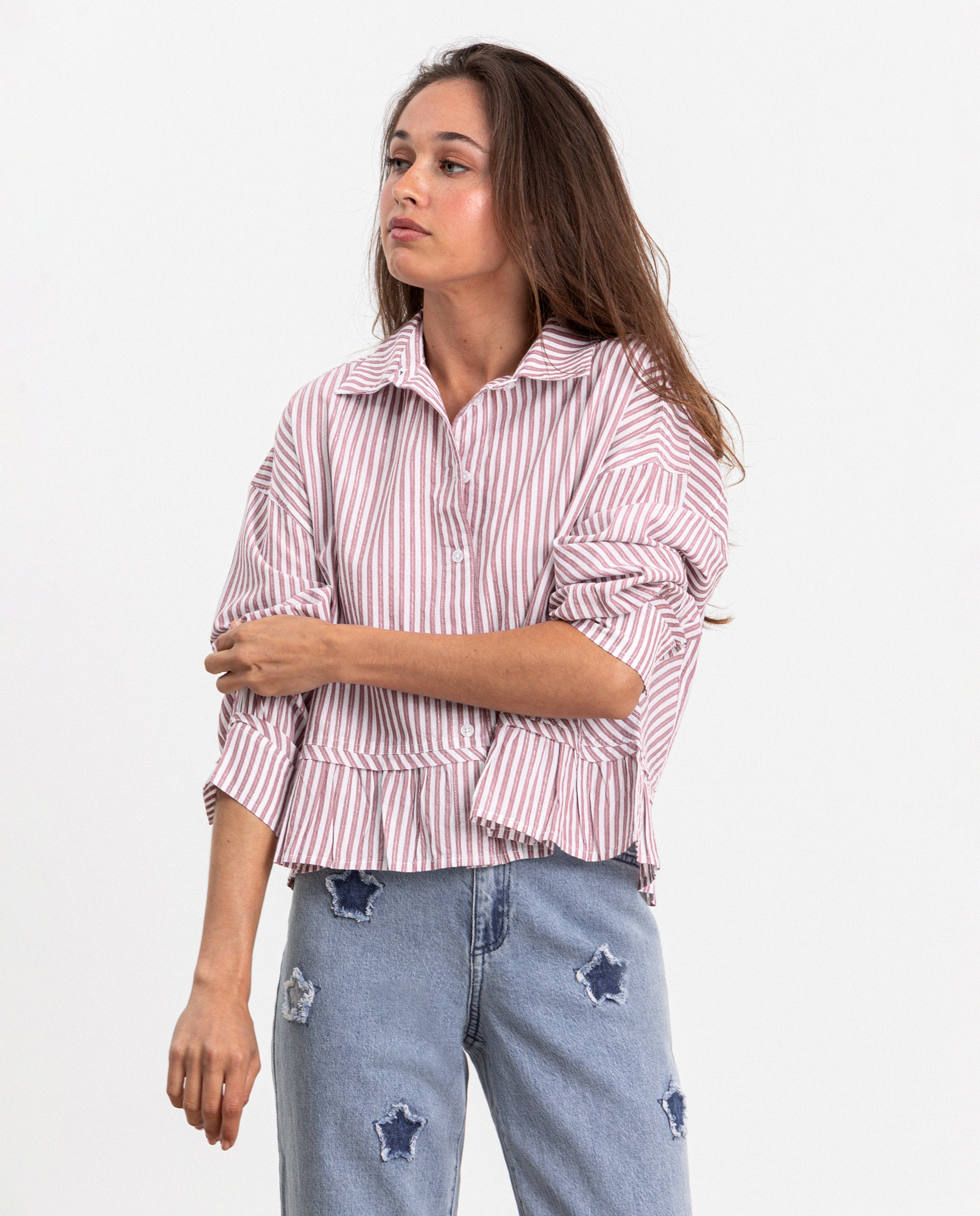 Imagen 1 de Camisa rayas de mujer con volantes - Noon - Rosa Rosa