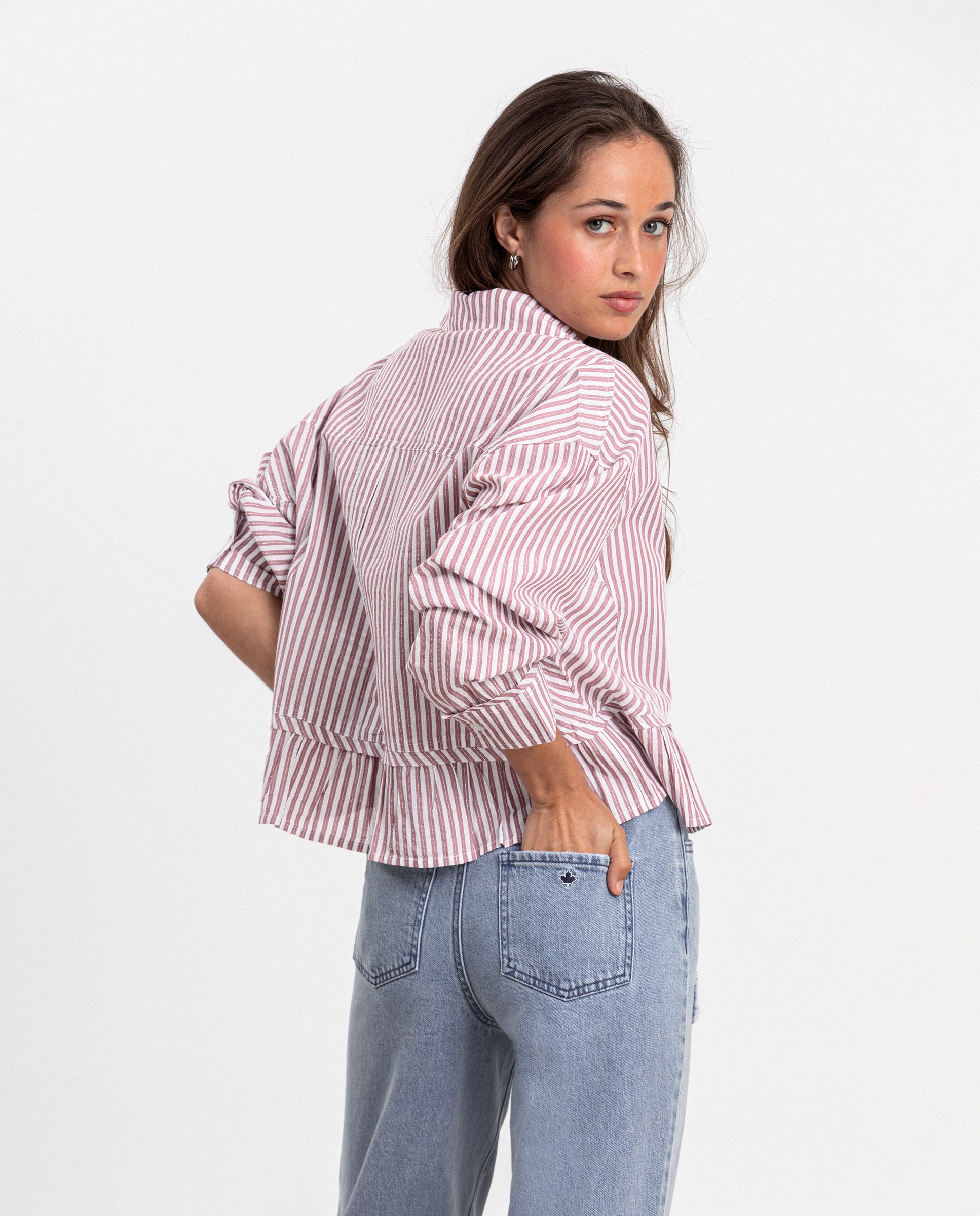 Imagen 2 de Camisa rayas de mujer con volantes - Noon - Rosa Rosa
