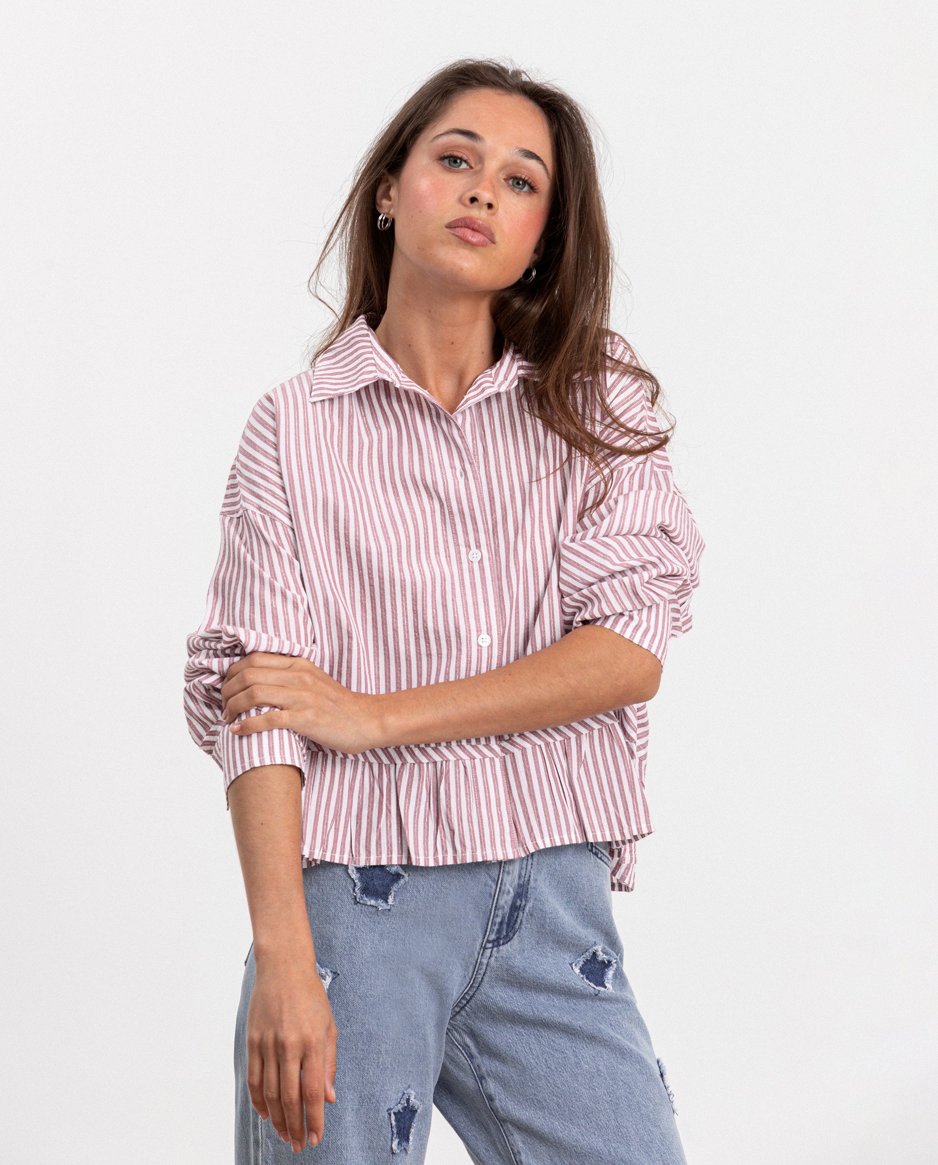 Imagen 3 de Camisa rayas de mujer con volantes - Noon - Rosa Rosa