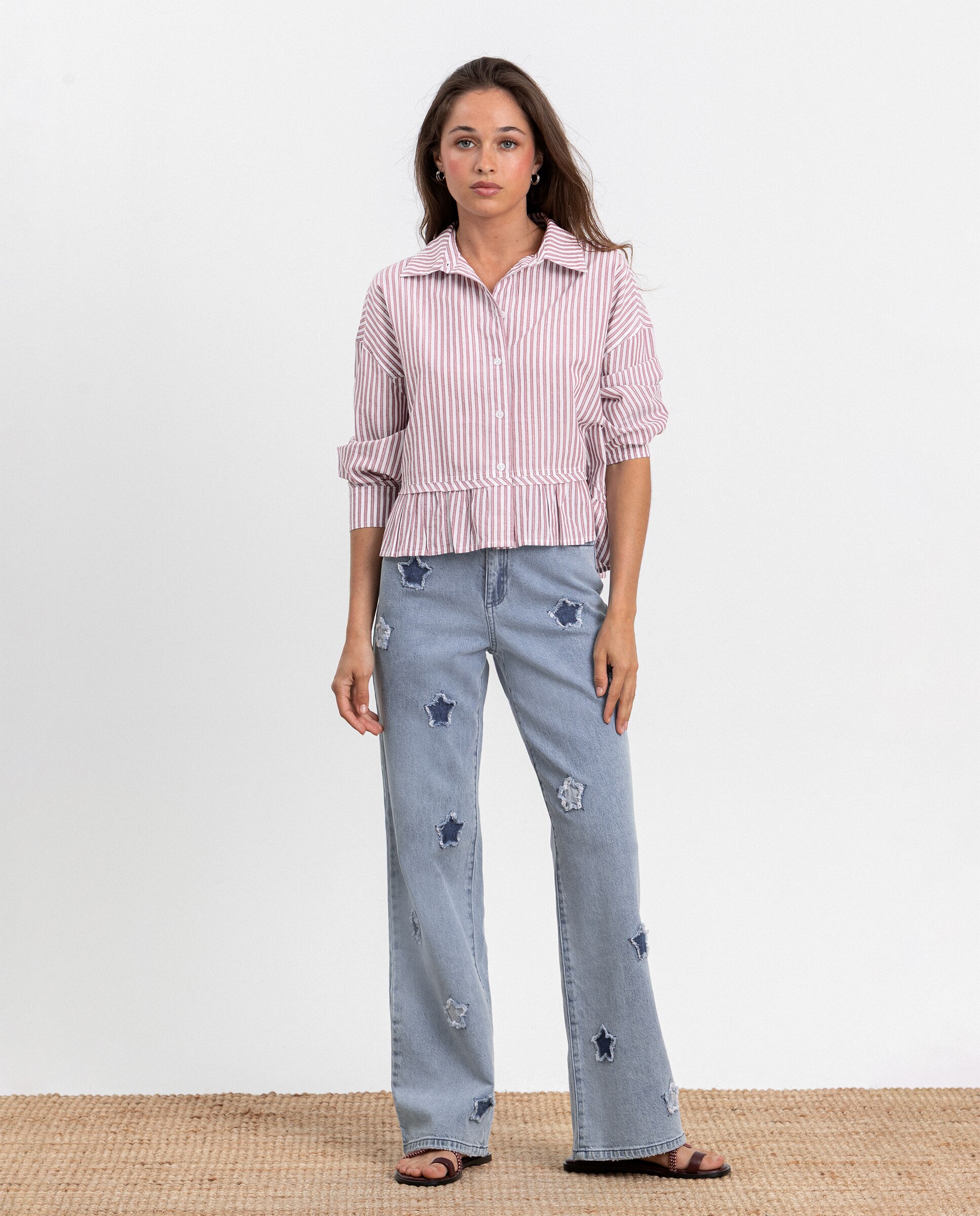 Imagen 4 de Camisa rayas de mujer con volantes - Noon - Rosa Rosa