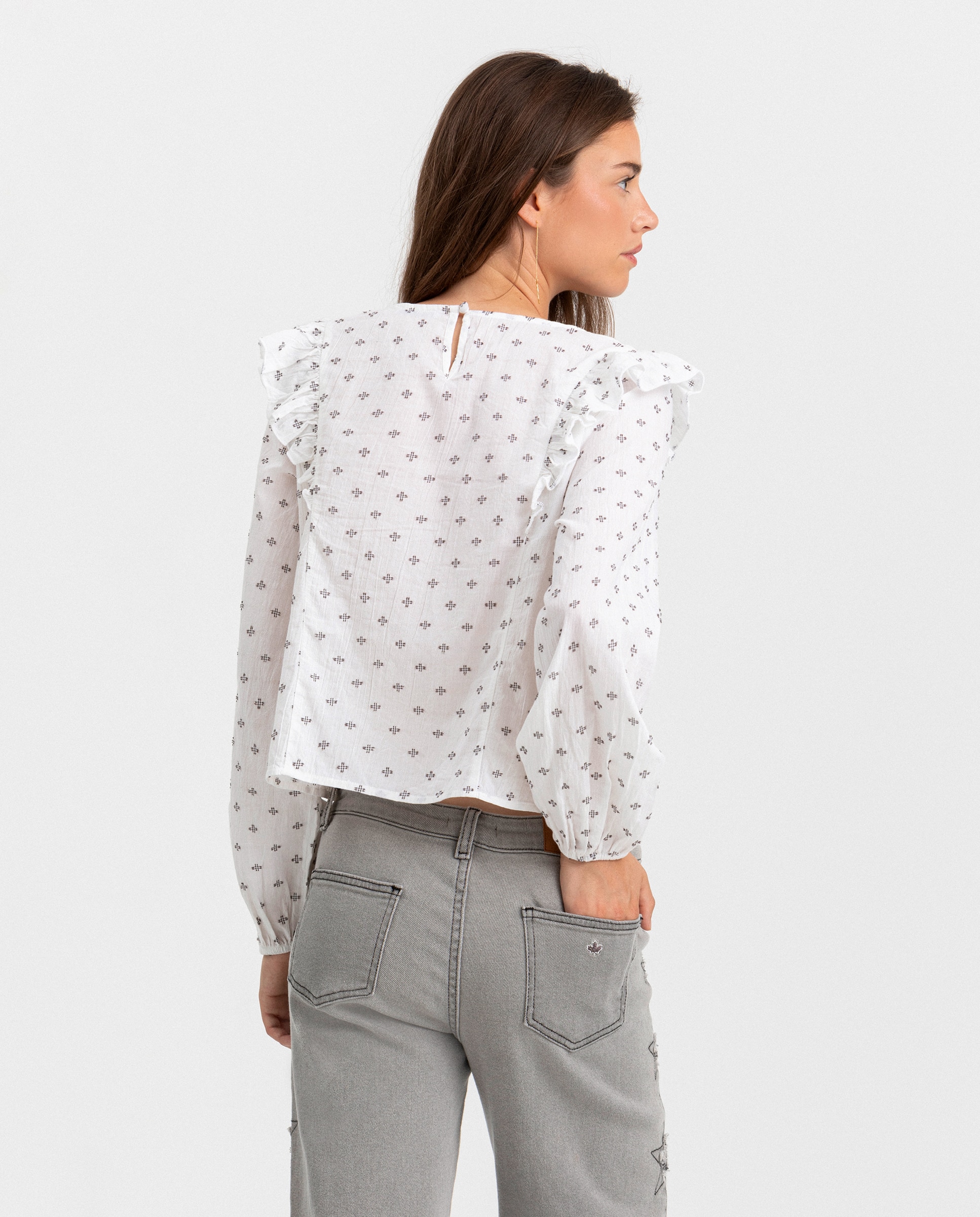 Blusa de mujer con volantes y bordados - Noon - Blanco Blanco-2